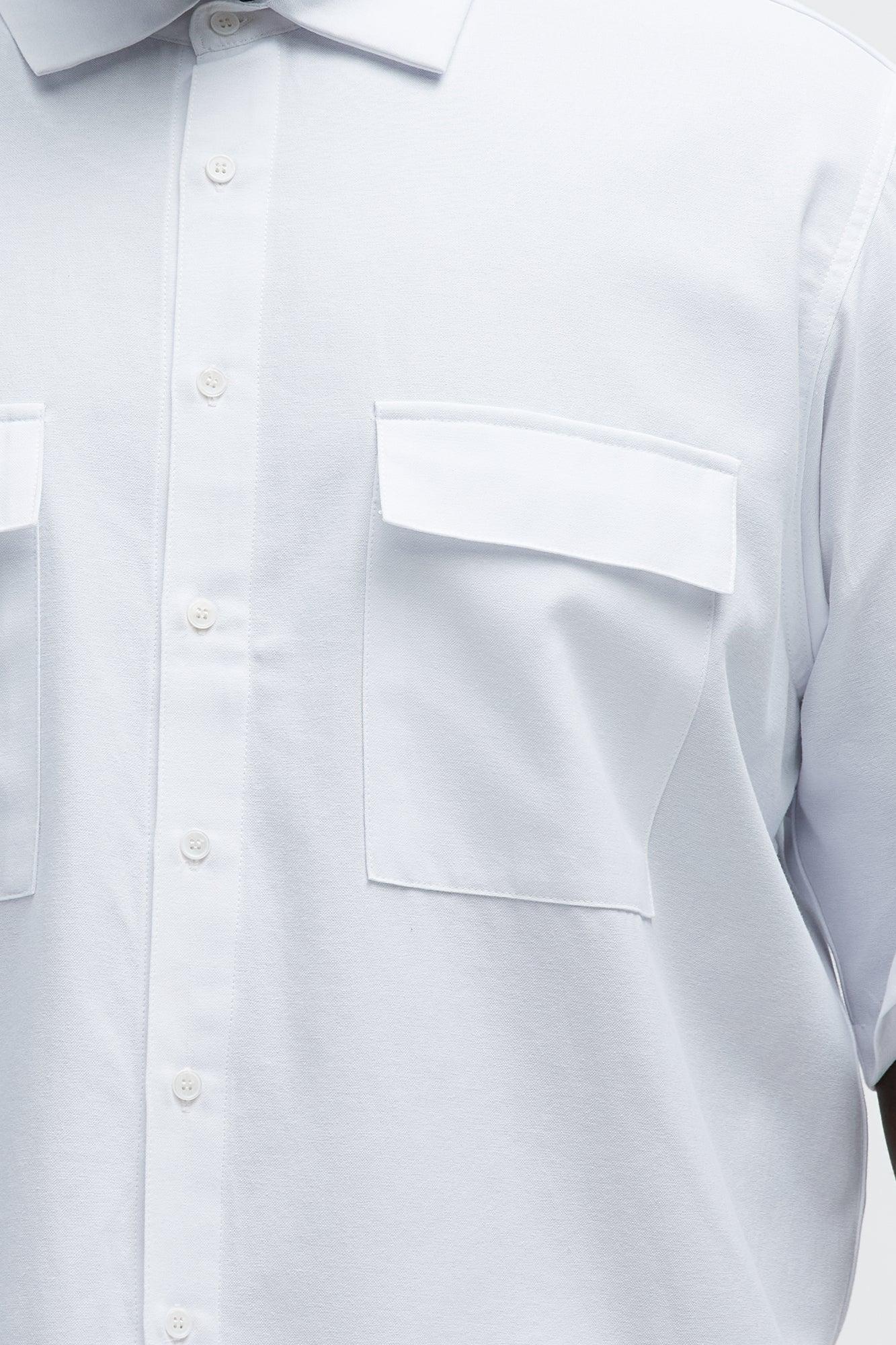 Cropped Double Pocket Button Up Shirt  - White Product Image