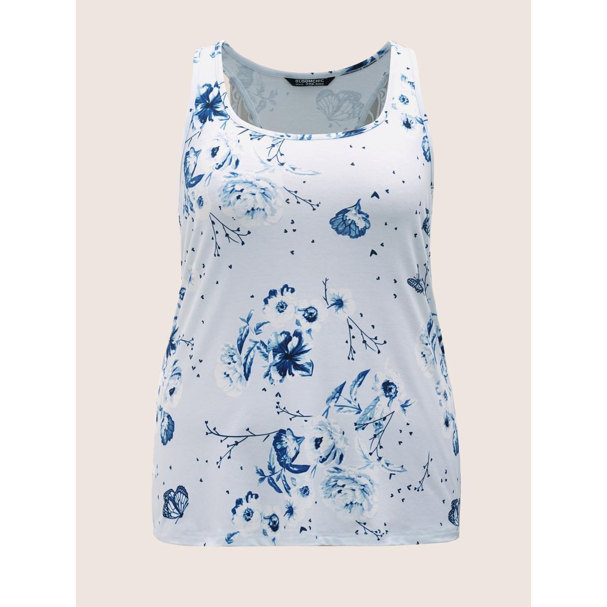 Plus Size Floral Print Lace Patchwork Pajama Sets Women Stone Floral Non Sleeveless Square Neck Lounge Loungewear Sets BloomChic 18-20/2X Product Image