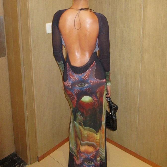 Long Sleeve Crew Neck Starfish Print Maxi Sheath Dress Product Image