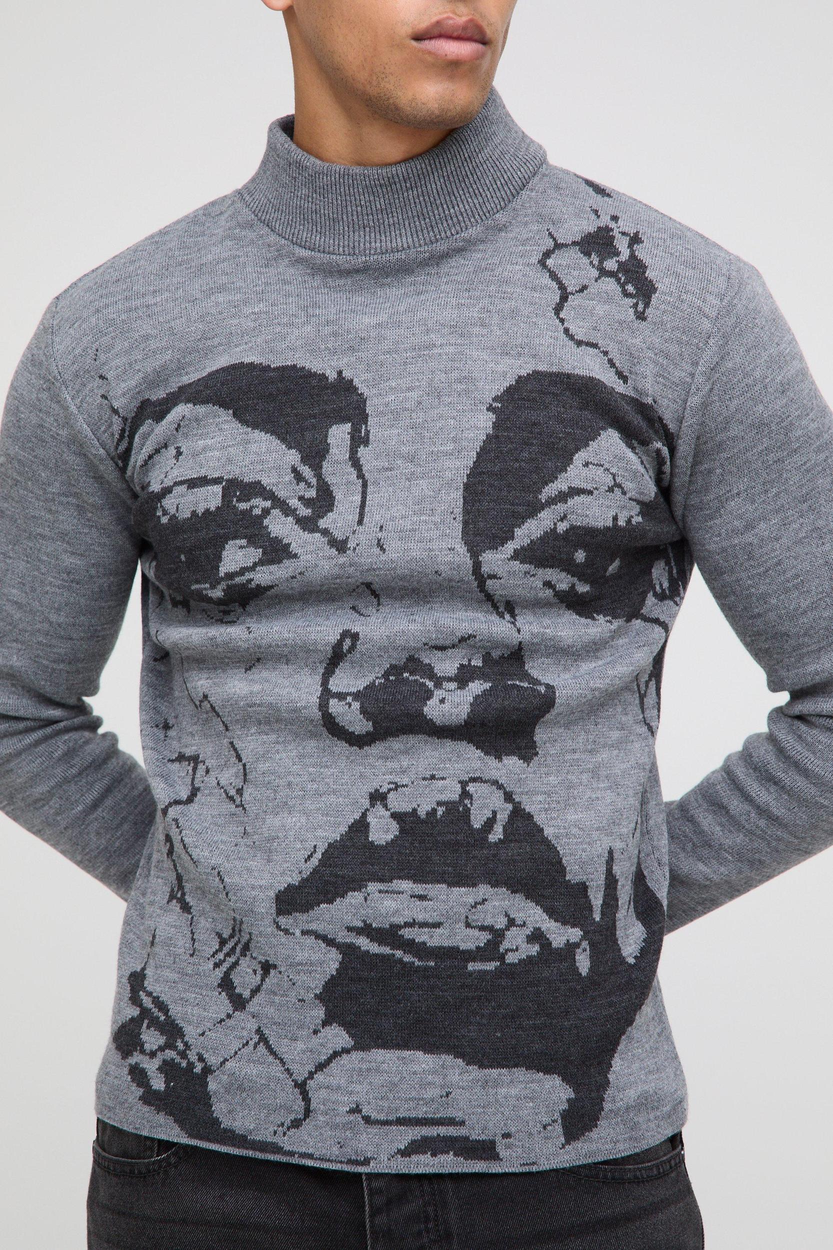 Muscle Fit Extended Neck Plated Face Graphic Knitted Sweater | boohooMAN USA Product Image