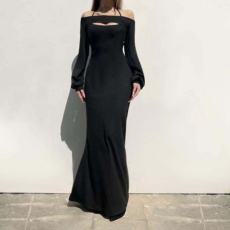 Set: Halter Plain Maxi Mermaid Dress + Long Sleeve Off Shoulder Shrug Product Image