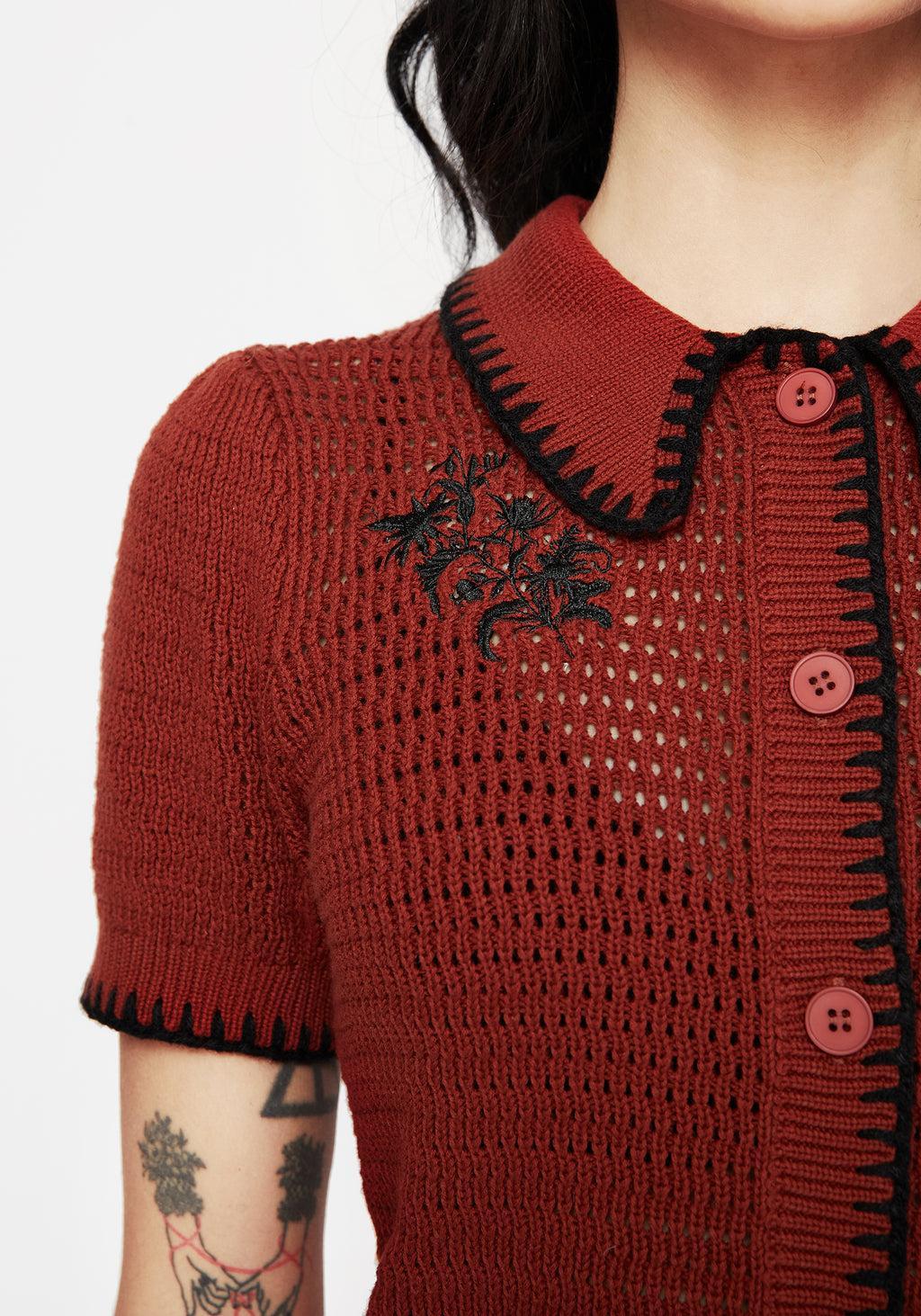 Saffron Floral Embroidered Scallop Collar Pointelle Knit Cardigan Product Image