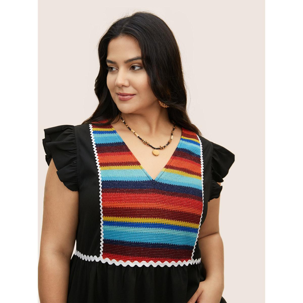 Plus Size Black Contrast Webbing Ruffle Cap Sleeve Blouse Women Resort Cap Sleeve V-neck Vacation Blouses BloomChic 10/M Product Image