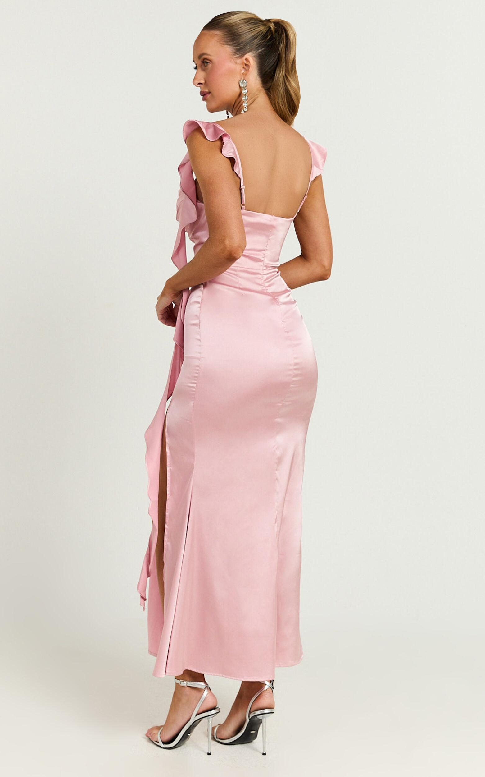 Tony Midi Dress - Frill Front Cowl Neck Dress in Pale Pink Product Image