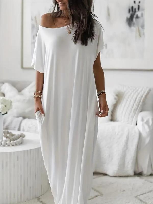 Loose Short Sleeves Solid Color Round-Neck Maxi Dresses Product Image