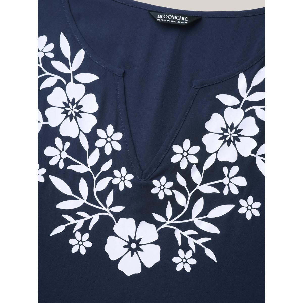 Plus Size Indigo Printed Neckline Lace Spliced Loose Shirt Women Resort Elbow-length sleeve Flat collar with V-notch Vacation Blouses BloomChic 10/M Product Image
