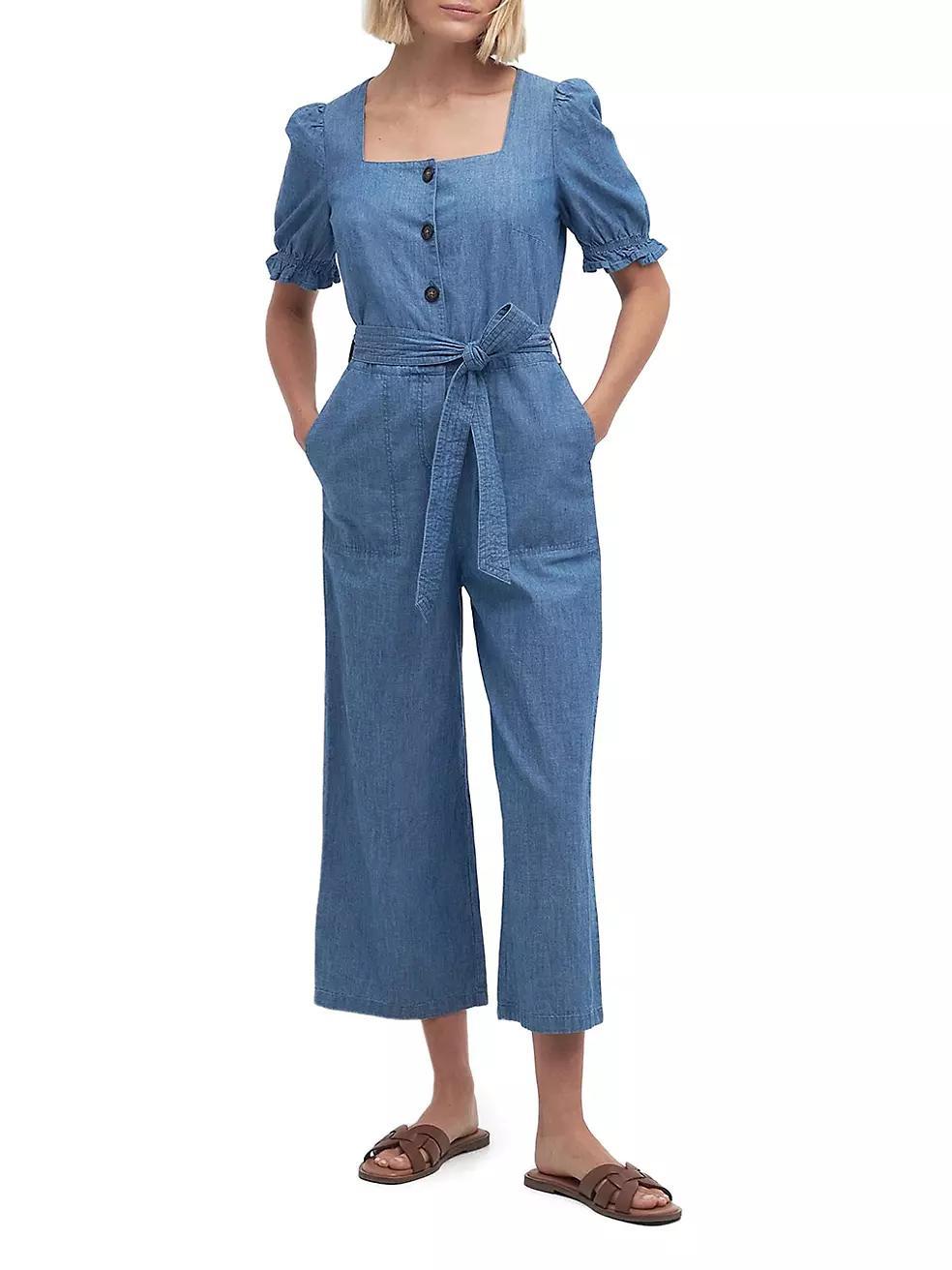 Berkley Belted Cotton Chambray Crop Jumpsuit Product Image