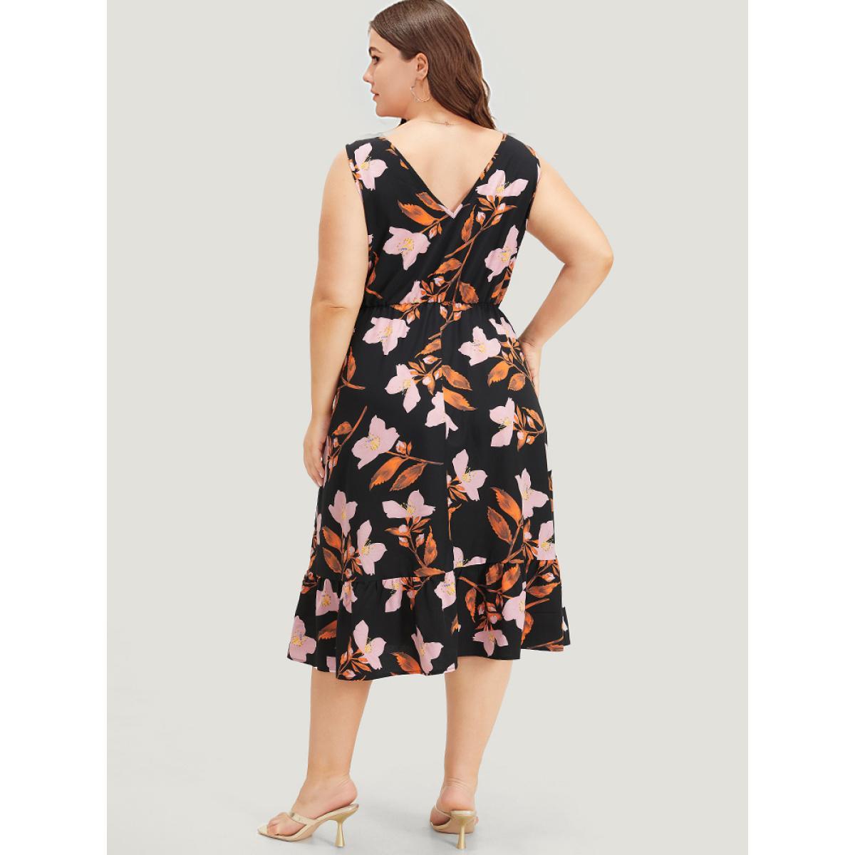 Plus Size Floral Print Pocket V Neck Elastic Waist Sleeveless Dress Black Women Elegant Elastic Waist V-neck Sleeveless Curvy Midi Dress BloomChic 14-16/1X Product Image