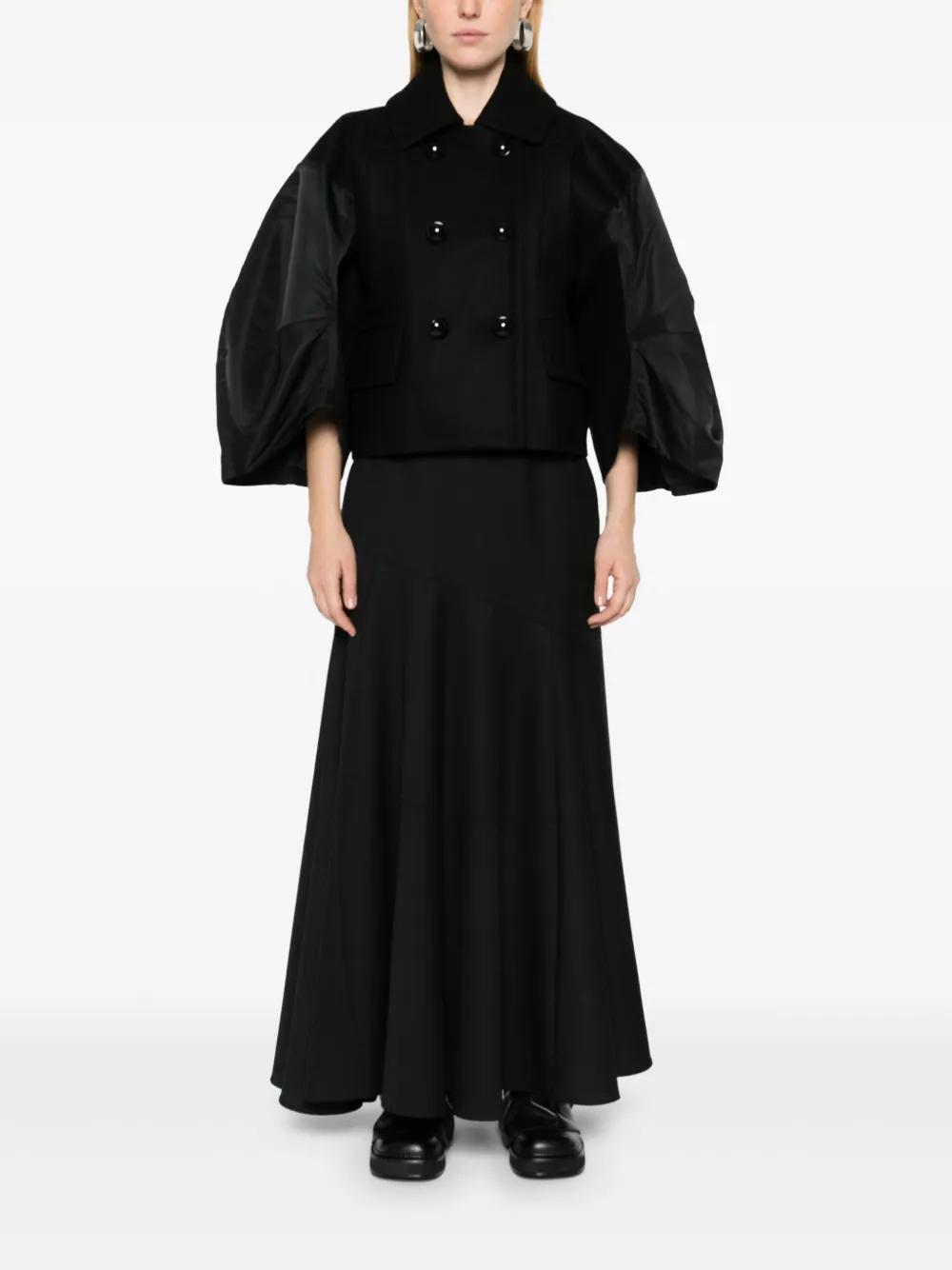 SACAI Puff Nylon-sleeve Cropped Wool Pea Coat In Black Product Image