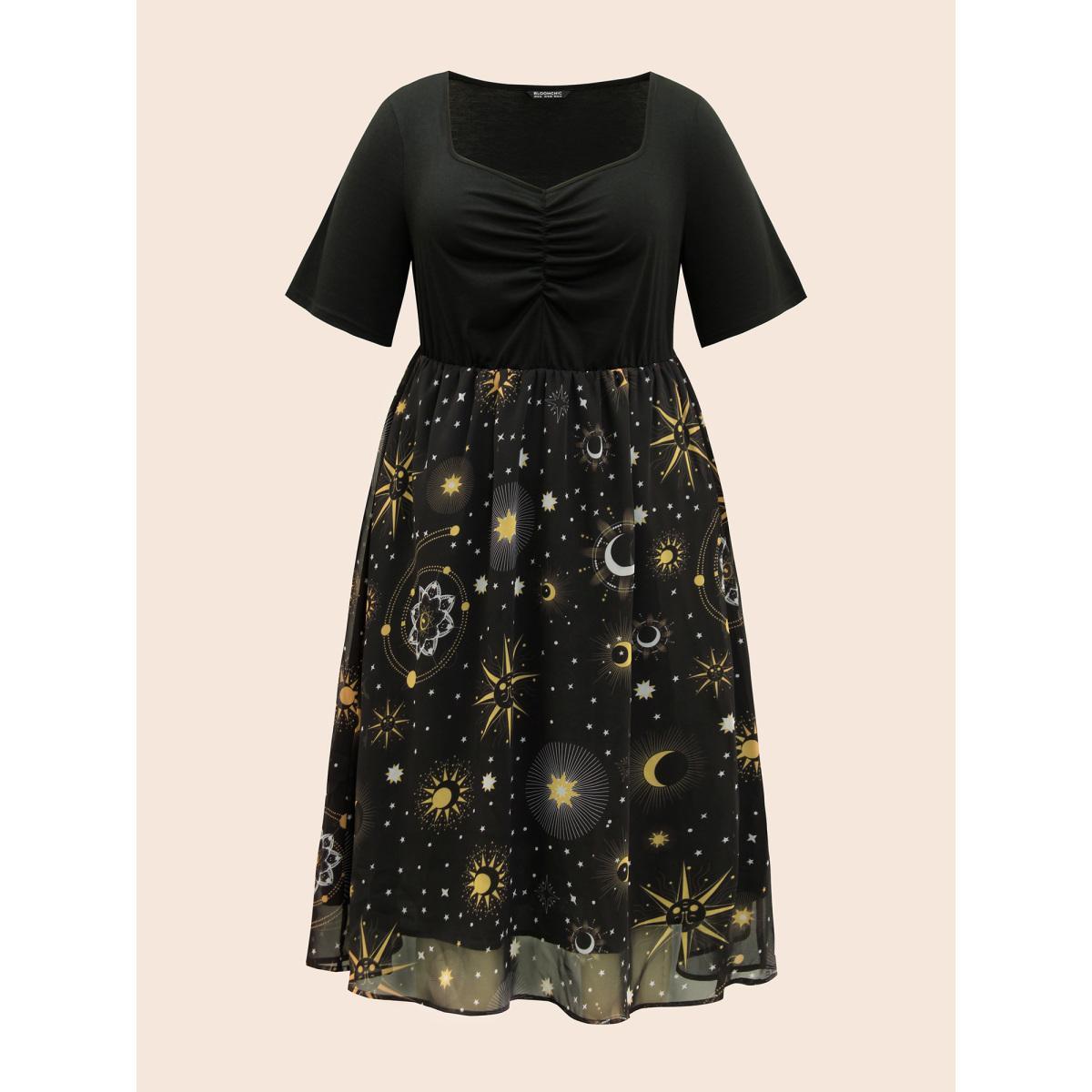 Plus Size Halloween Moon & Star Print Ruched Patchwork Dress Black Women Elegant Gathered Square Neck Short sleeve Curvy Midi Dress BloomChic 18-20/2X Product Image