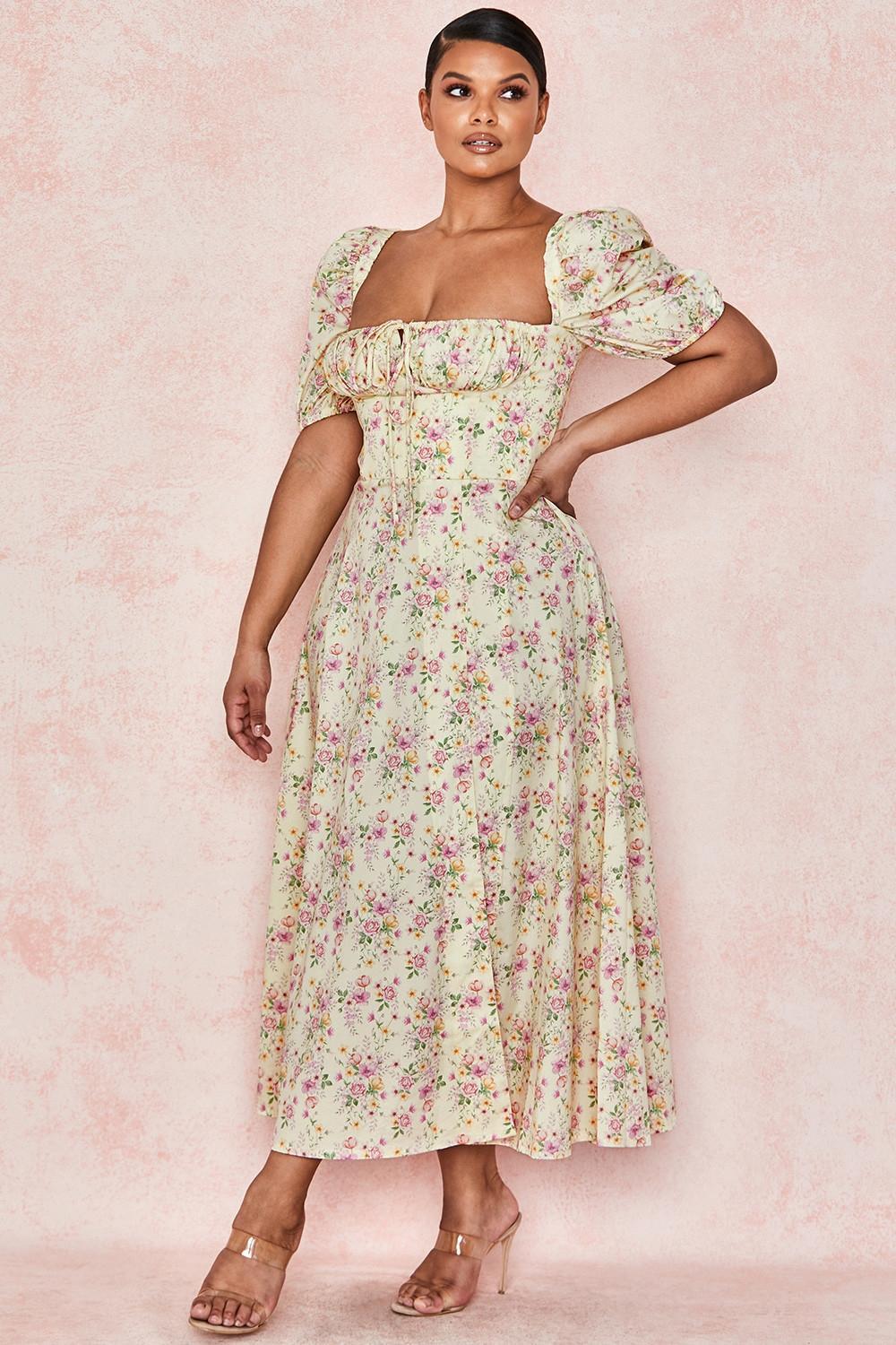 Tallulah Lemon Floral Puff Sleeve Midi Sundress Product Image