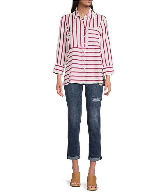 Ali Miles Stripe Point Collar 3/4 Sleeve Button Front Tunic Product Image