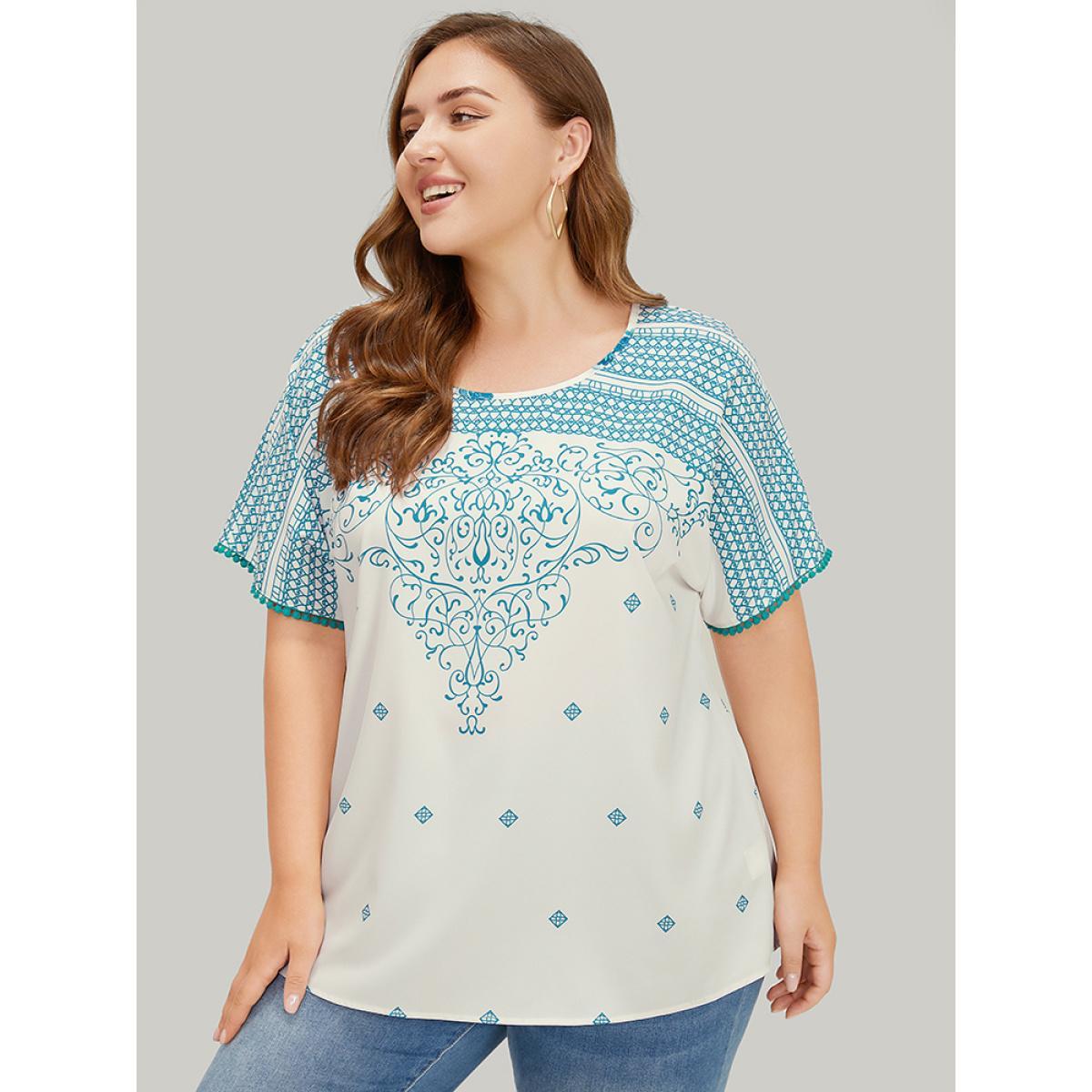 Plus Size White Moroccan Print Batwing Sleeve Pompom Trim Blouse Women Elegant Short sleeve Round Neck Dailywear Blouses BloomChic 18-20/2X Product Image