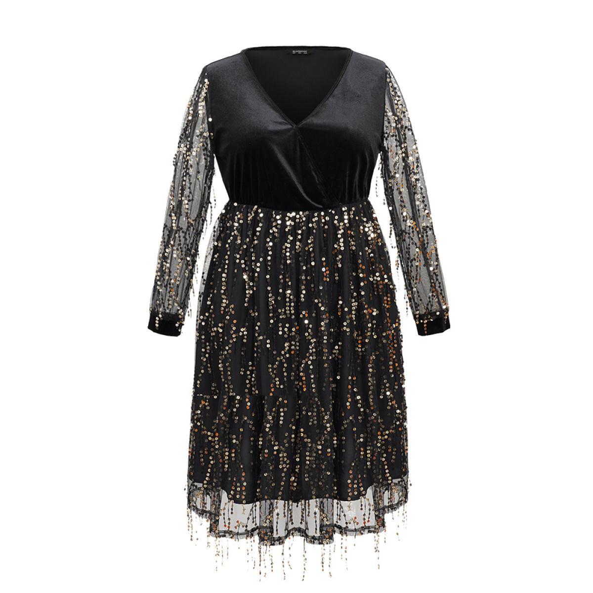 Plus Size Velvet Sequin Tassels Mesh Surplice Neck Dress Black Women Cocktail Sequin Overlap Collar Long Sleeve Curvy Midi Dress BloomChic 10/M Product Image