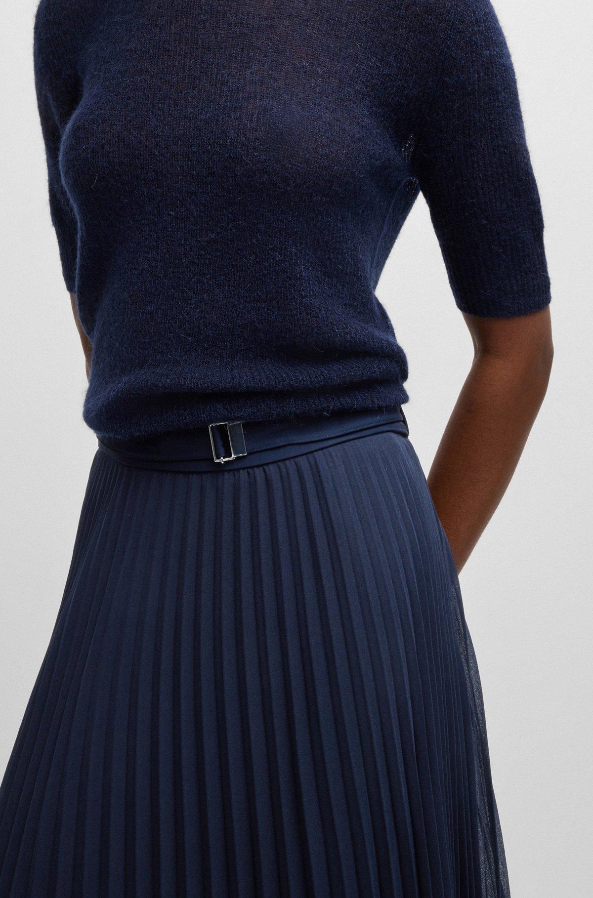 BOSS - Belted skirt in plissé crepe - Dark Blue Product Image