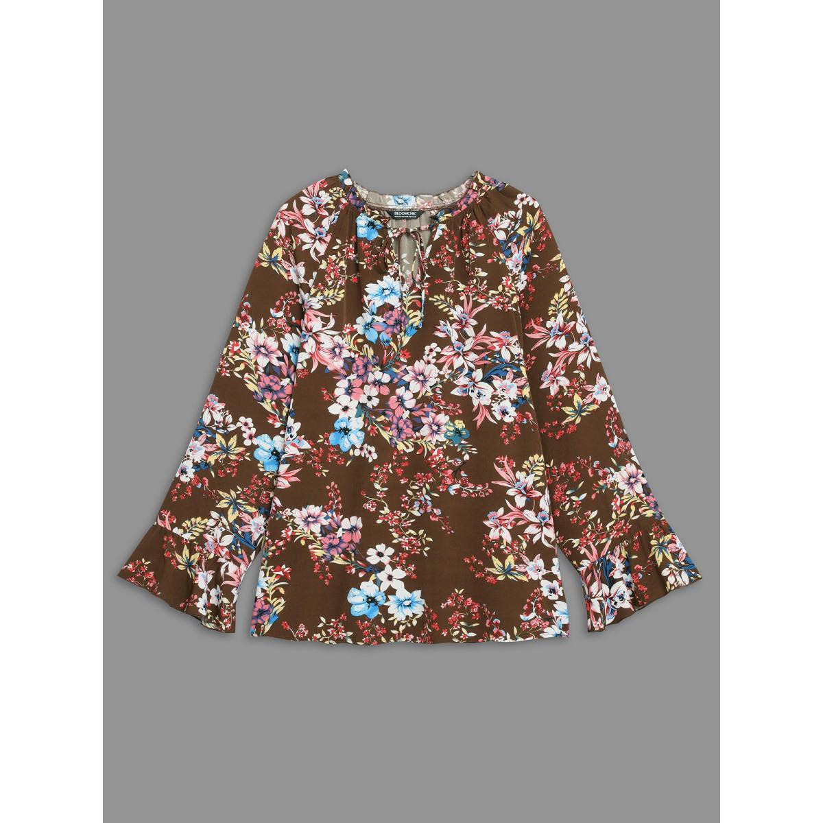 Plus Size Browncoffeecolor Floral Tie Knot Flutter Sleeve Blouse Women Elegant Long Sleeve V-neck Everyday Blouses BloomChic 26/4X Product Image