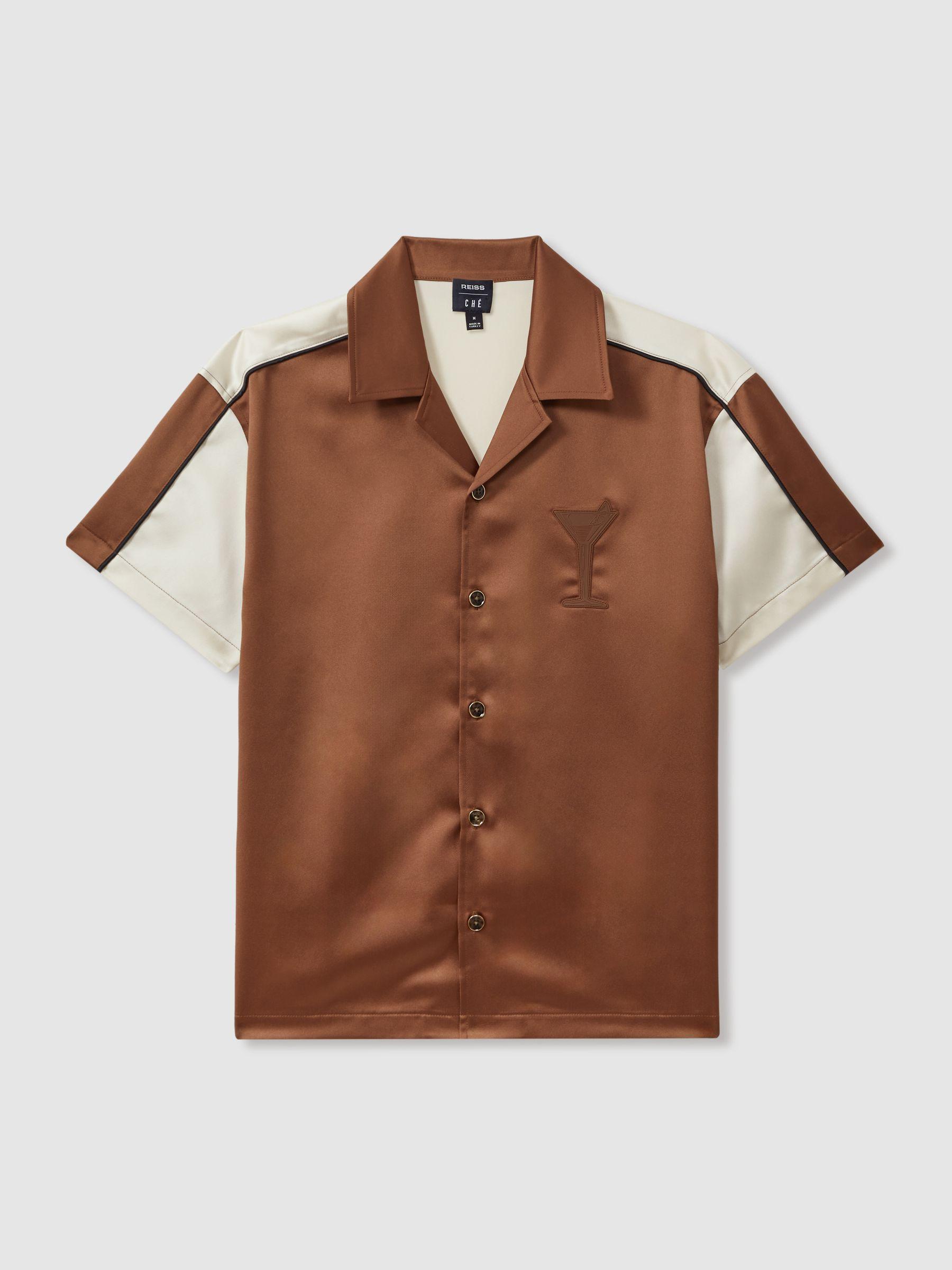 Noto Tobacco/Ecru Ché Satin Effect Colourblock Cuban Collar Shirt Product Image
