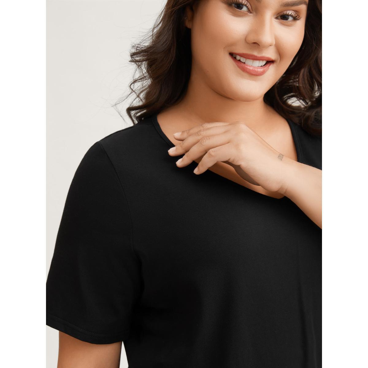 Plus Size Cotton V Neck Plain Basic T-shirt Black Women Basics Non Plain V-neck Everyday T-shirts BloomChic 12/L Product Image