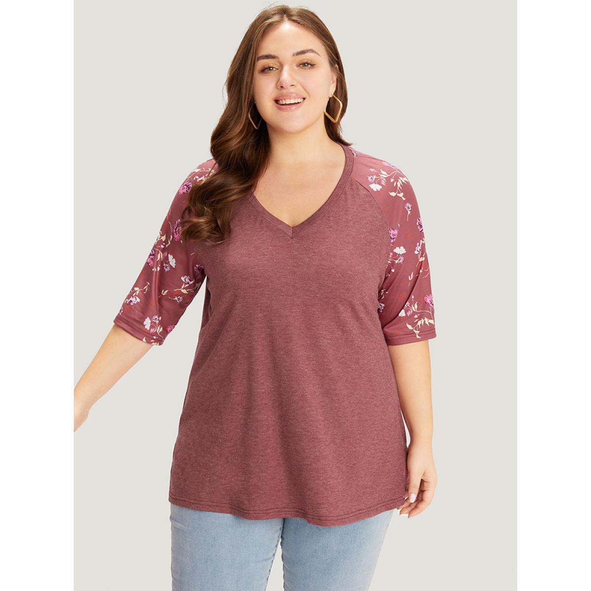 Plus Size Floral Patchwork Raglan Sleeve T-shirt Russet Women Elegant Patchwork Floral V-neck Work T-shirts BloomChic 12/L Product Image