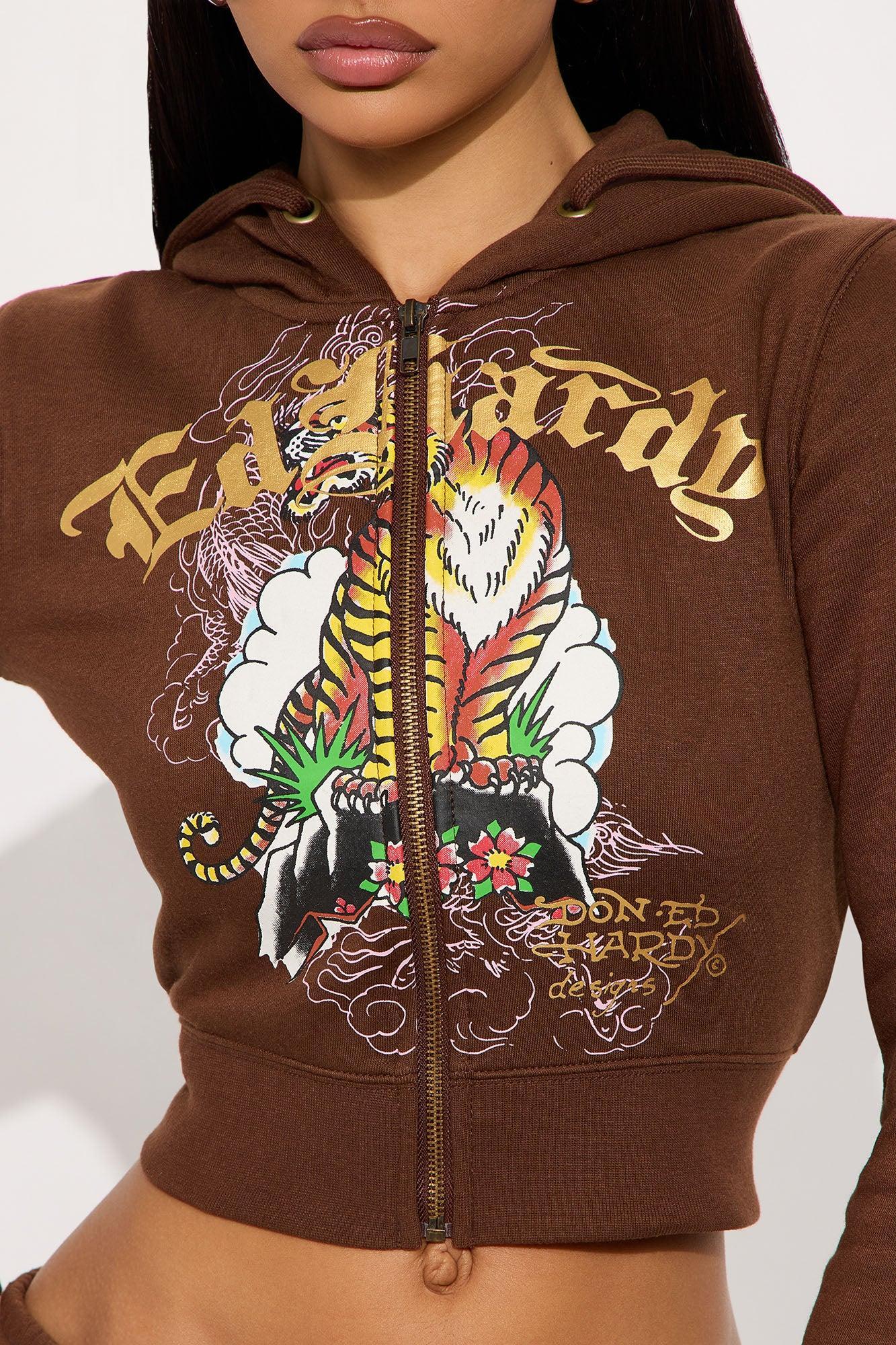 Ed Hardy Tiger Peak Zip Up Hoodie - Brown Product Image