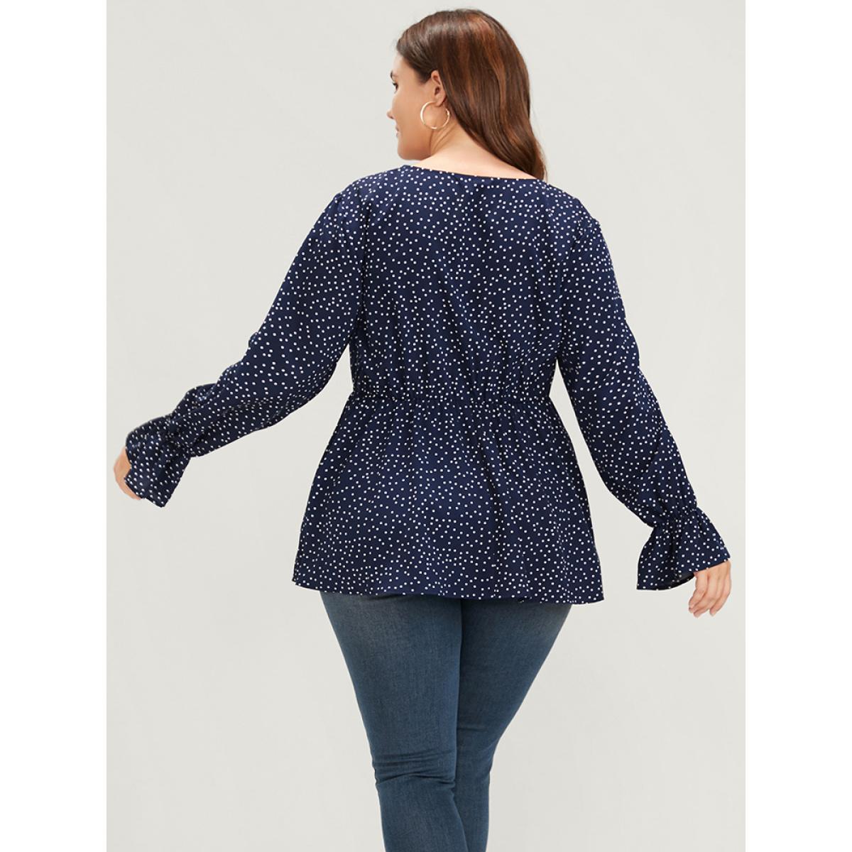 Plus Size DarkBlue Polka Dot Button Lantern Sleeve Ruffles Hem Wrap Blouse Women Elegant Long Sleeve V-neck Dailywear Blouses BloomChic 30/6X Product Image