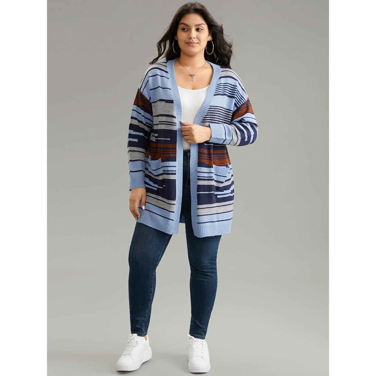 Plus Size Jacquard Asymmetrical Colorblock Contrast Cardigan Stone Women Casual Loose Long Sleeve Dailywear Cardigans BloomChic 26/4X Product Image