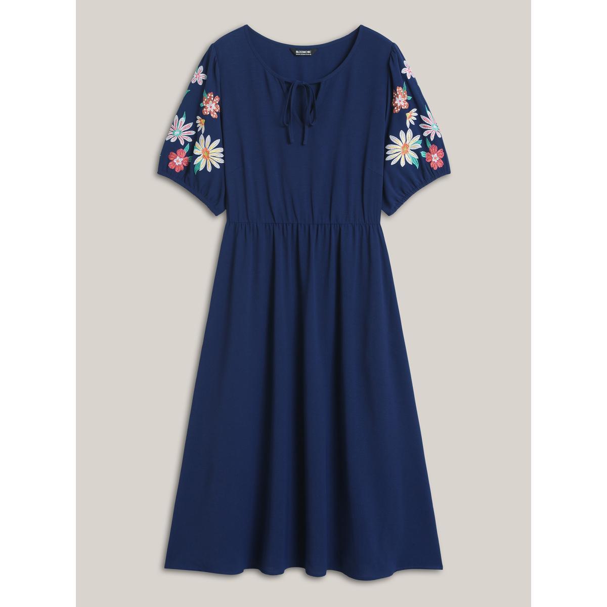 Plus Size Floral Embroidered Neck Tie Midi Dress Indigo Women Notched collar Short sleeve Curvy BloomChic 30/6X Product Image