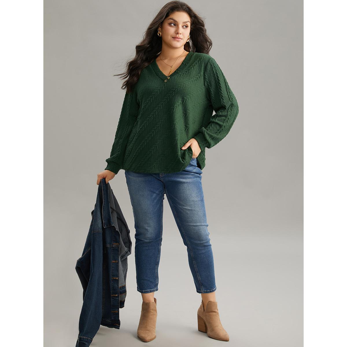 Plus Size Plisse Solid Button Detail Sweatshirt Women DarkGreen Elegant Texture V-neck Everyday Sweatshirts BloomChic 18-20/2X Product Image