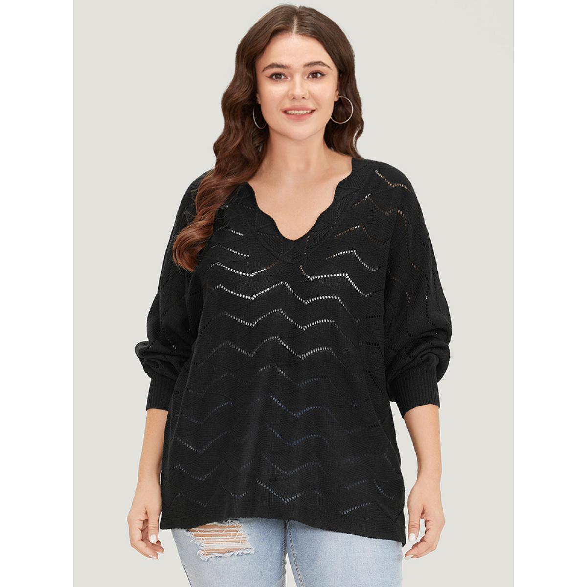 Plus Size Plain Geometric Eyelet Elastic Cuffs Patchwork Pullover Black Women Casual Loose Long Sleeve V-neck Dailywear Pullovers BloomChic 30/6X Product Image