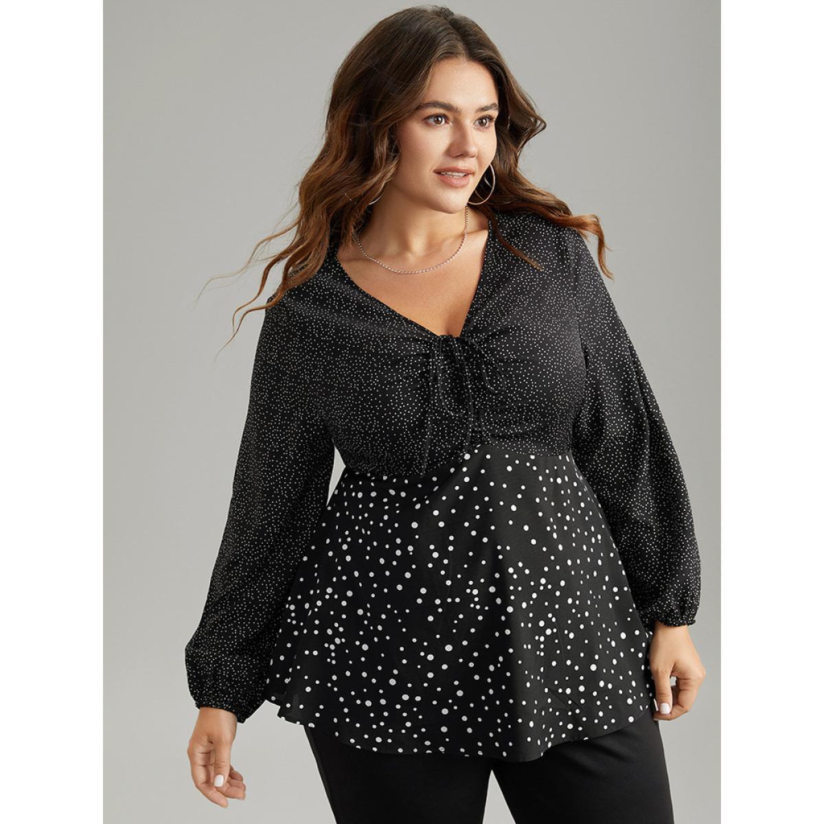 Plus Size Black Polka Dot Ruched Ties Lantern Sleeve Blouse Women Elegant Long Sleeve V-neck Dailywear Blouses BloomChic 26/4X Product Image