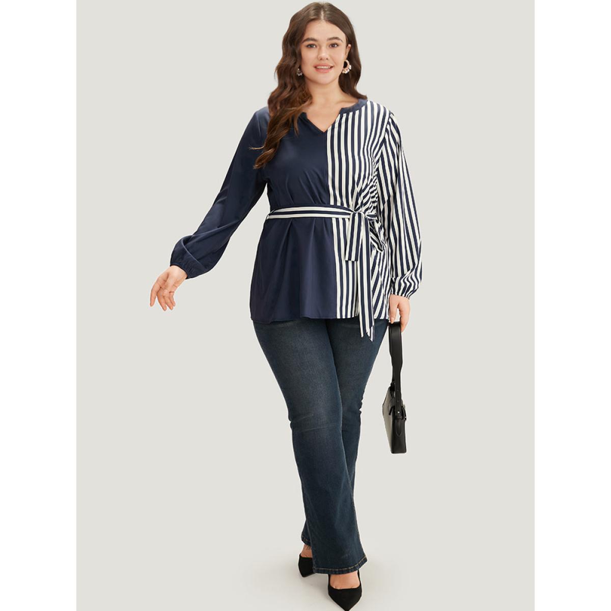 Plus Size Indigo Striped Patchwork Notched Belted Lantern Sleeve Blouse Women Office Long Sleeve V-neck Work Blouses BloomChic 28/5X Product Image