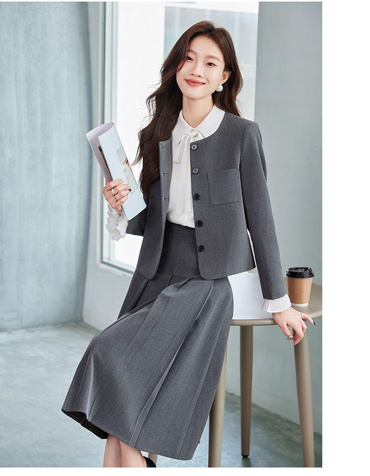 Collarless Plain Single-Breasted Blazer / Long-Sleeve Bow Shirt / High Waist Pleated Midi A-Line Skirt Product Image