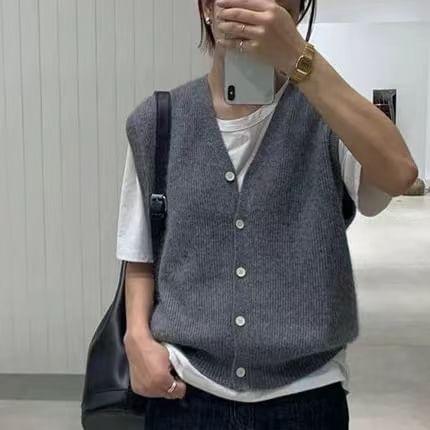 V-Neck Plain Button Down Sweater Vest Product Image
