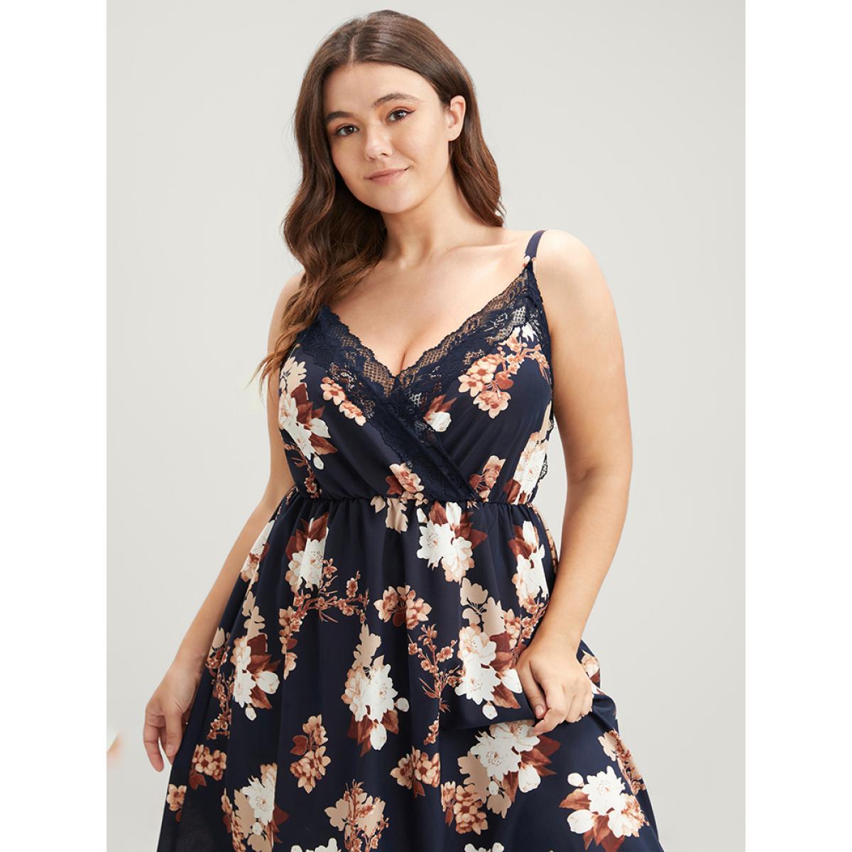 Plus Size Floral Wrap Lace Trim Cami Night Dress Women DarkBlue Elegant Floral Elastic Waist V-neck Loungewear BloomChic 14-16/1X Product Image
