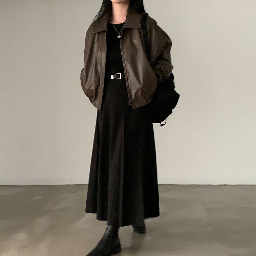 Long Sleeve Lapel Neck Fleece Lined Faux Leather Bomber Jacket Product Image
