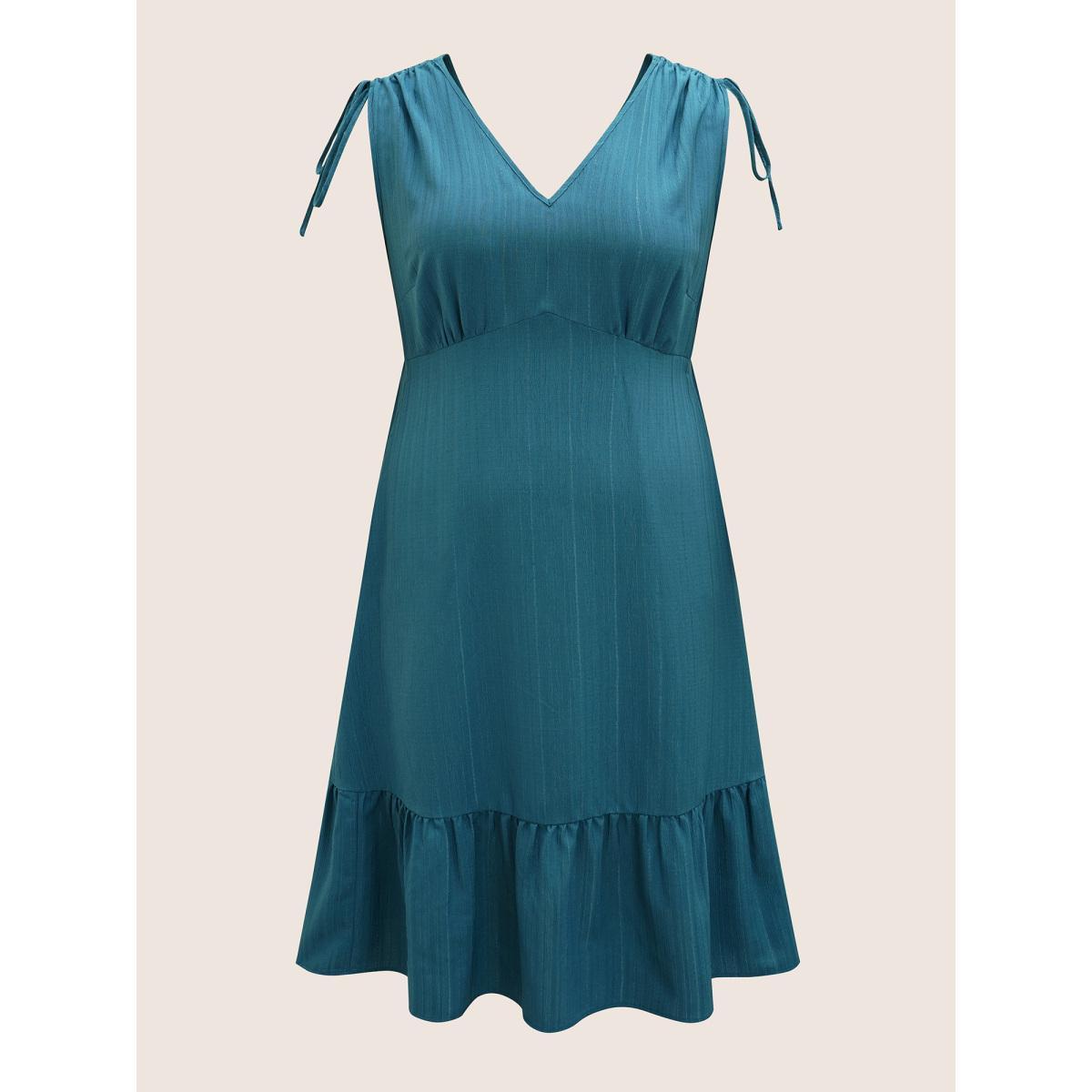 Plus Size Plain Textured Drawstring Ruffle Hem Dress Cerulean Women At the Office Texture V-neck Sleeveless Curvy BloomChic 30/6X Product Image