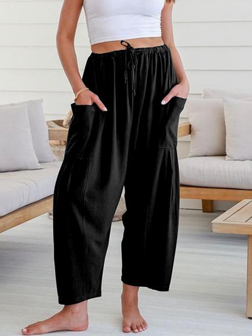 Column Loose Elasticity Pockets Solid Color Casual Pants Bottoms Trousers Product Image