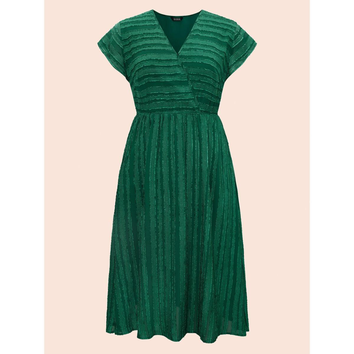 Plus Size Overlap Collar Plain Textured Midi Dress DarkGreen Women Elegant Texture Overlap Collar Cap Sleeve Curvy BloomChic 26/4X Product Image
