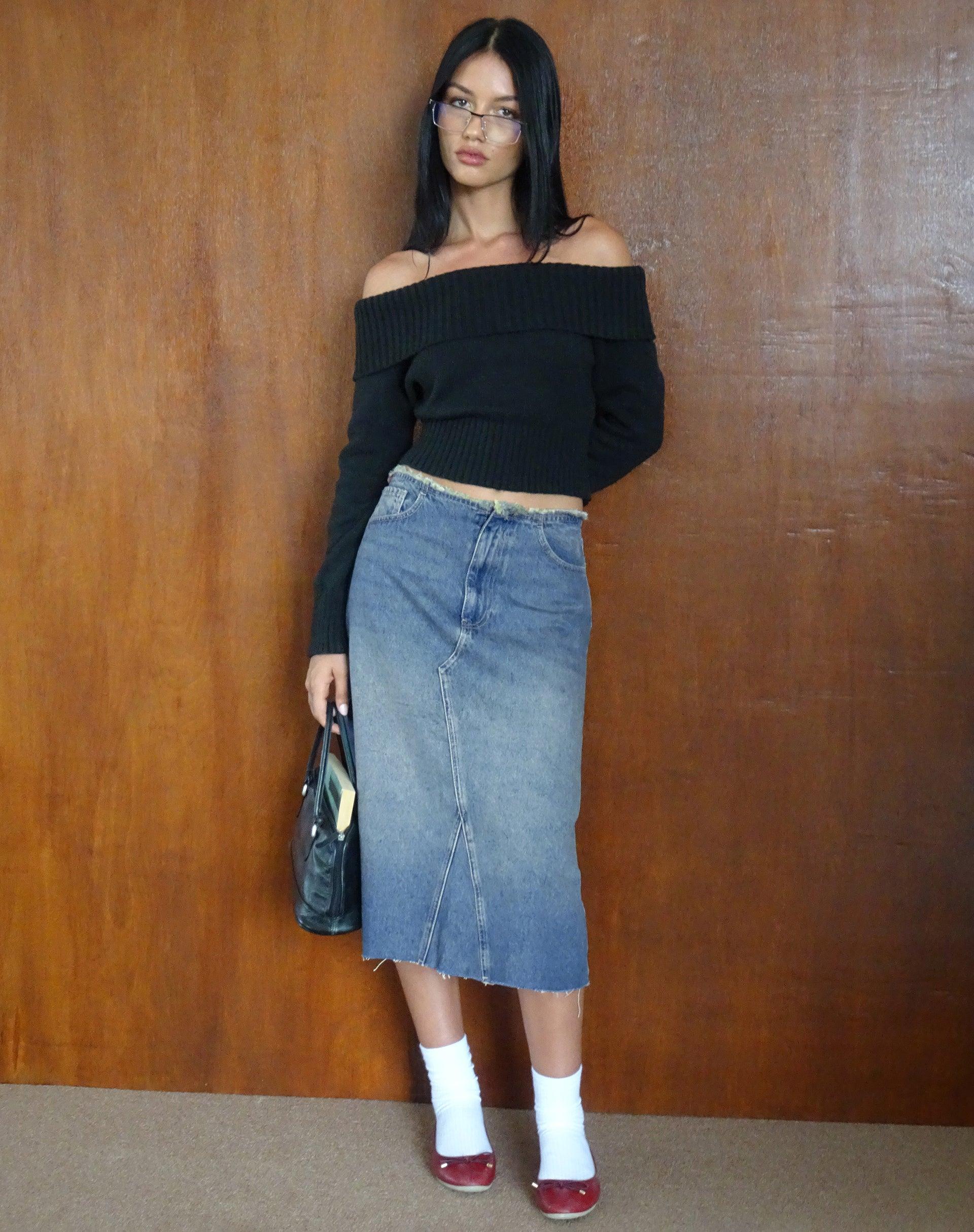 Low Rise Denim Midi Skirt in Vintage Blue Green Female Product Image