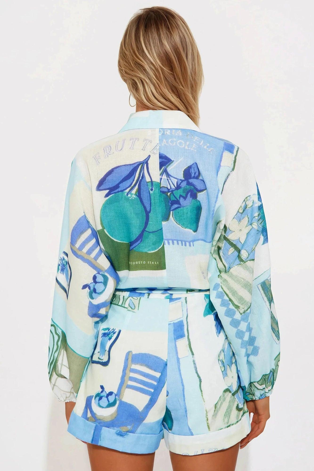 Hidden Oasis Collar Long Sleeve Linen Romper - Blue/combo Product Image