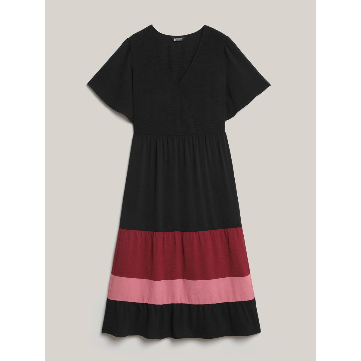 Plus Size Color Contrast Flutter Sleeve Tiered Midi Dress Scarlet Women Elegant Gathered Overlap Collar Short sleeve Curvy BloomChic 22-24/3X Product Image