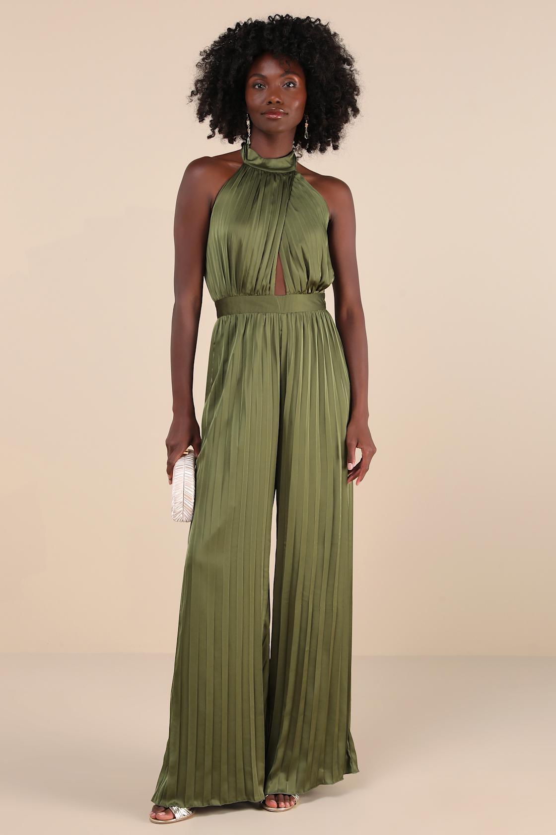 Confident Impression Olive Green Satin Pleated Halter Jumpsuit Product Image