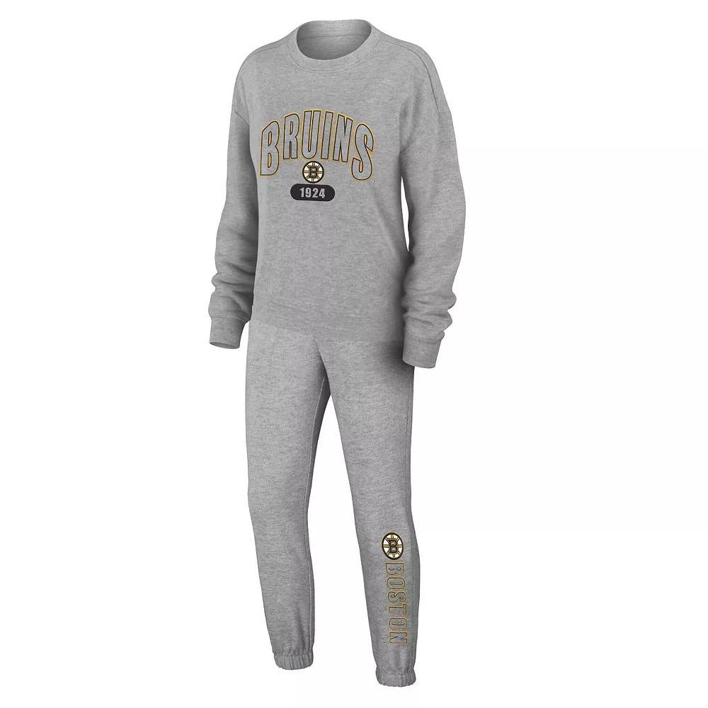 Women's WEAR by Erin Andrews Heather Gray Boston Bruins Knit Long Sleeve Tri-Blend T-Shirt & Pants Sleep Set, Size: XL, Grey Product Image