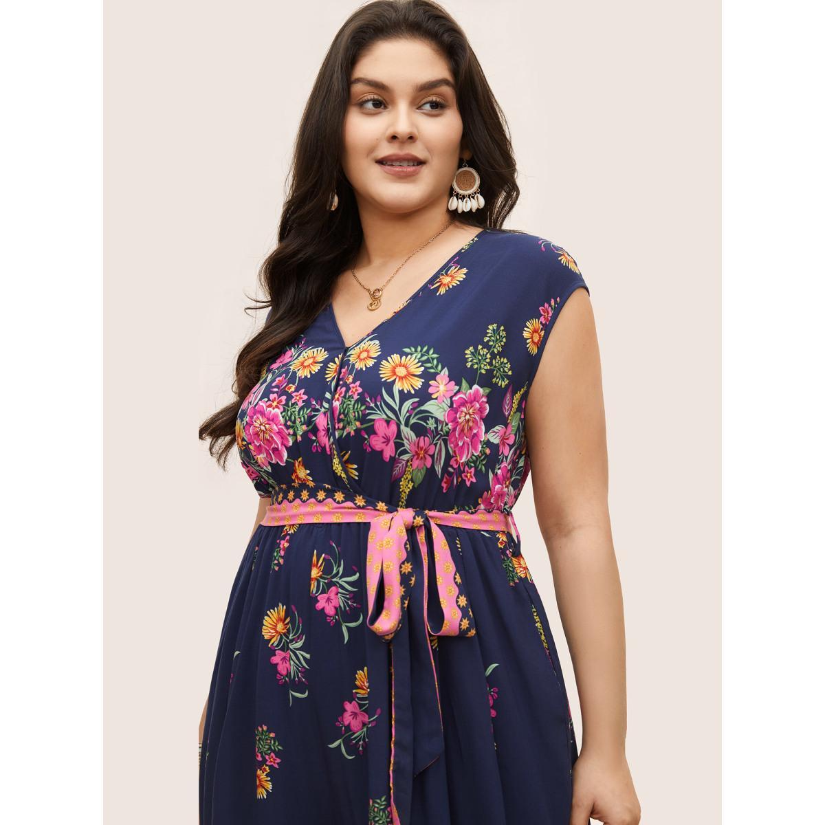 Plus Size Indigo Boho Print Overlap Collar Belted Sleeveless Jumpsuit Women Resort Cap Sleeve V-neck Vacation Loose Jumpsuits BloomChic 22-24/3X Product Image