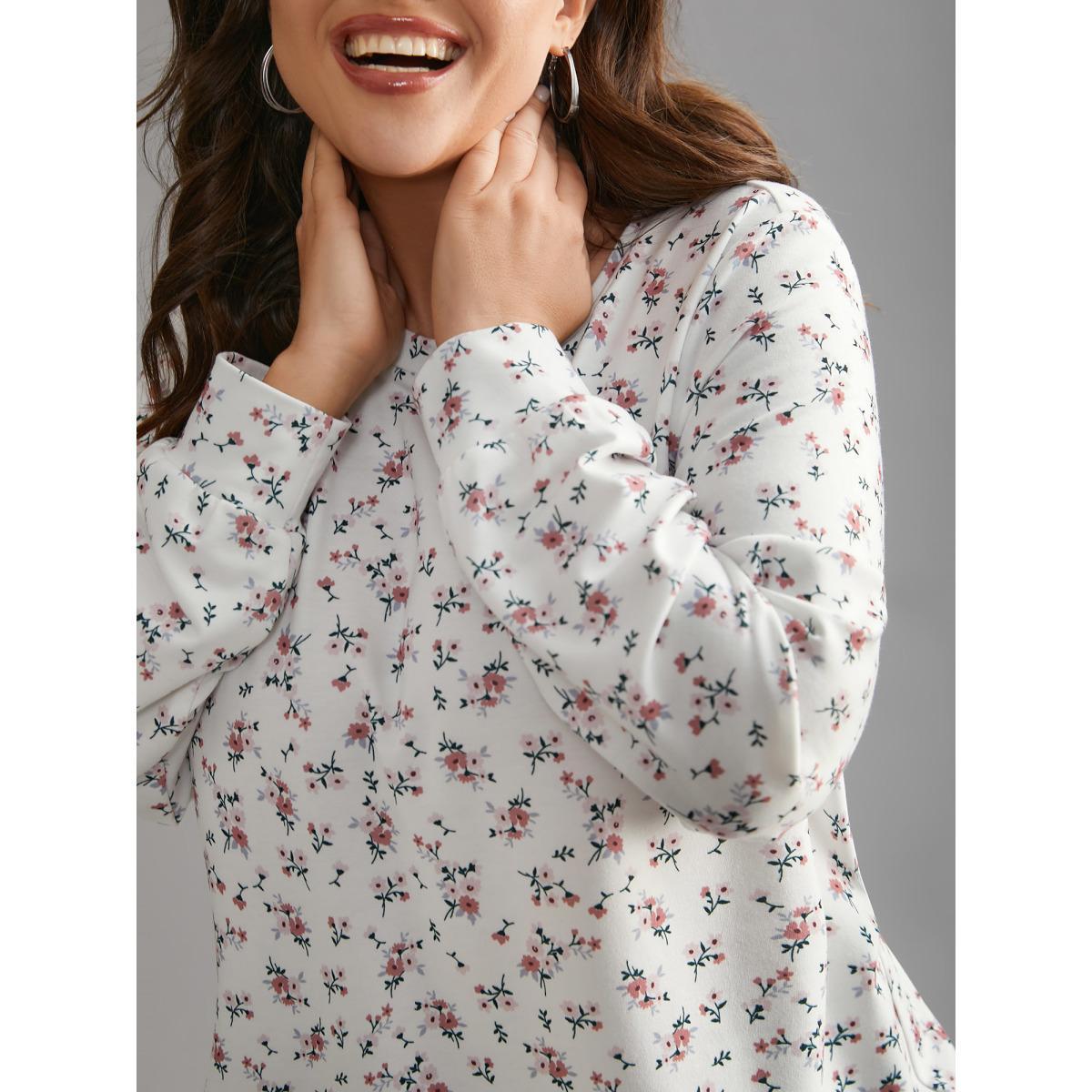 Plus Size Ditsy Floral Round Neck Sweatshirt Women Multicolor Casual Contrast Loose Round Neck Everyday Sweatshirts BloomChic 18-20/2X Product Image