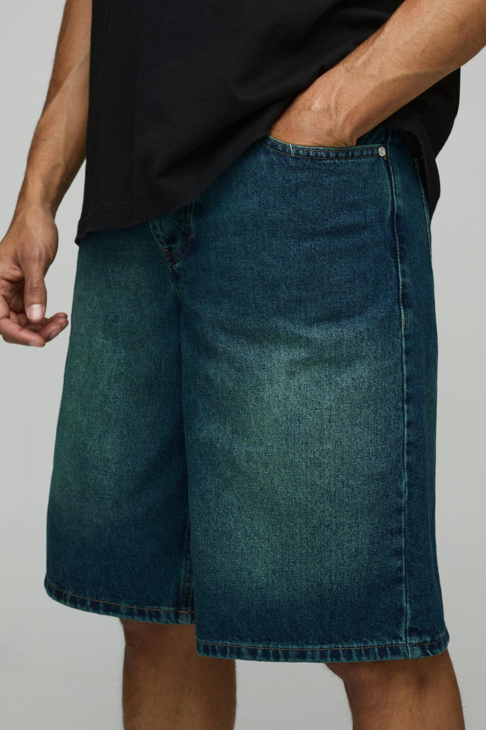 Regular Fit Green Washed Denim Jorts | boohooMAN USA Product Image