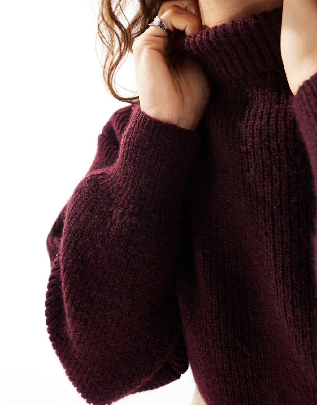 Monki cropped high neck sweater in burgundy Product Image