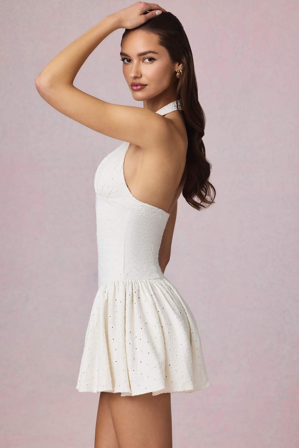 Broderie Anglaise Halterneck Mini Dress in White Product Image