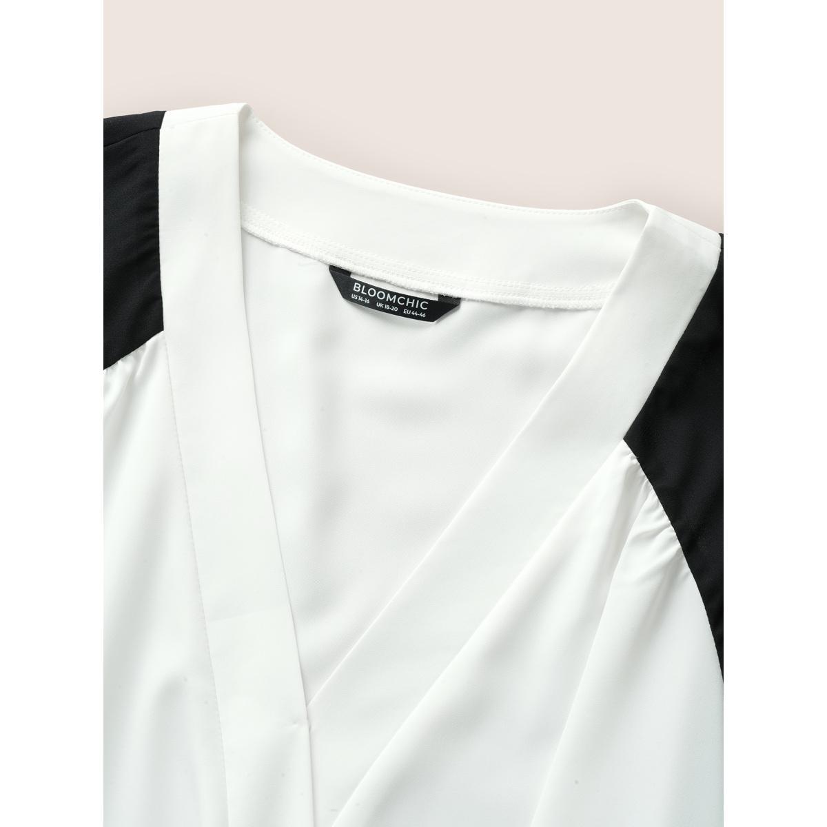 Plus Size White Two Tone Wrap Raglan Sleeve Blouse Women At the Office Short sleeve Overlap Collar Work Blouses BloomChic 22-24/3X Product Image