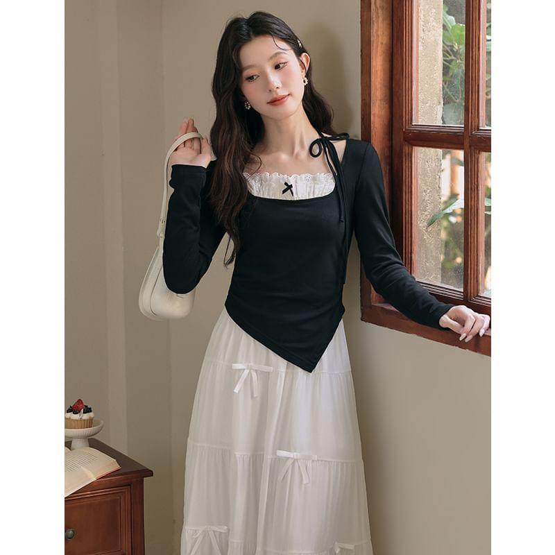 Long-Sleeve Square Neck Asymmetrical Top / High Rise Maxi A-Line Skirt Product Image